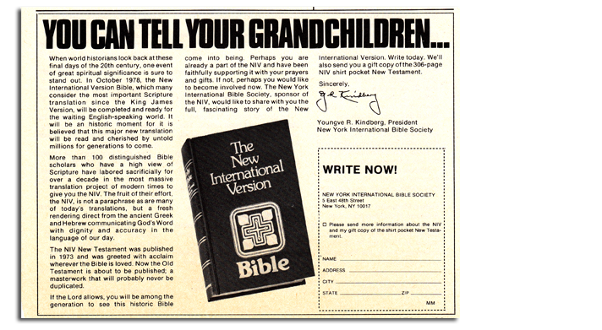 1975 ad by the New York Bible Society asking for financial support for the NIV Translation