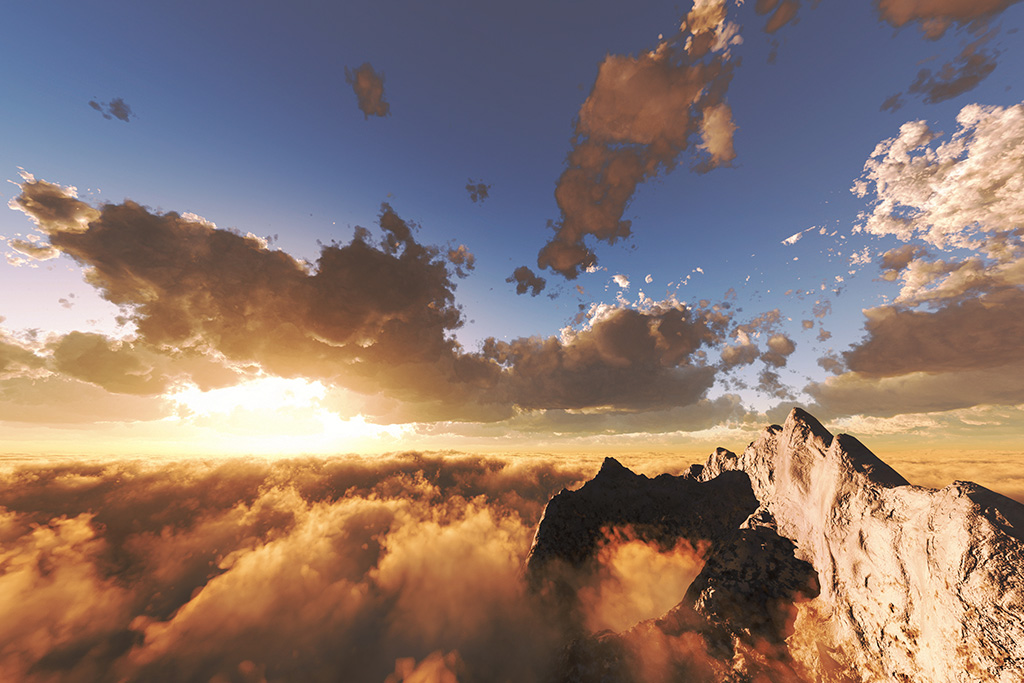 Beautiful view of the sky, horizon, mountains, clouds and sun