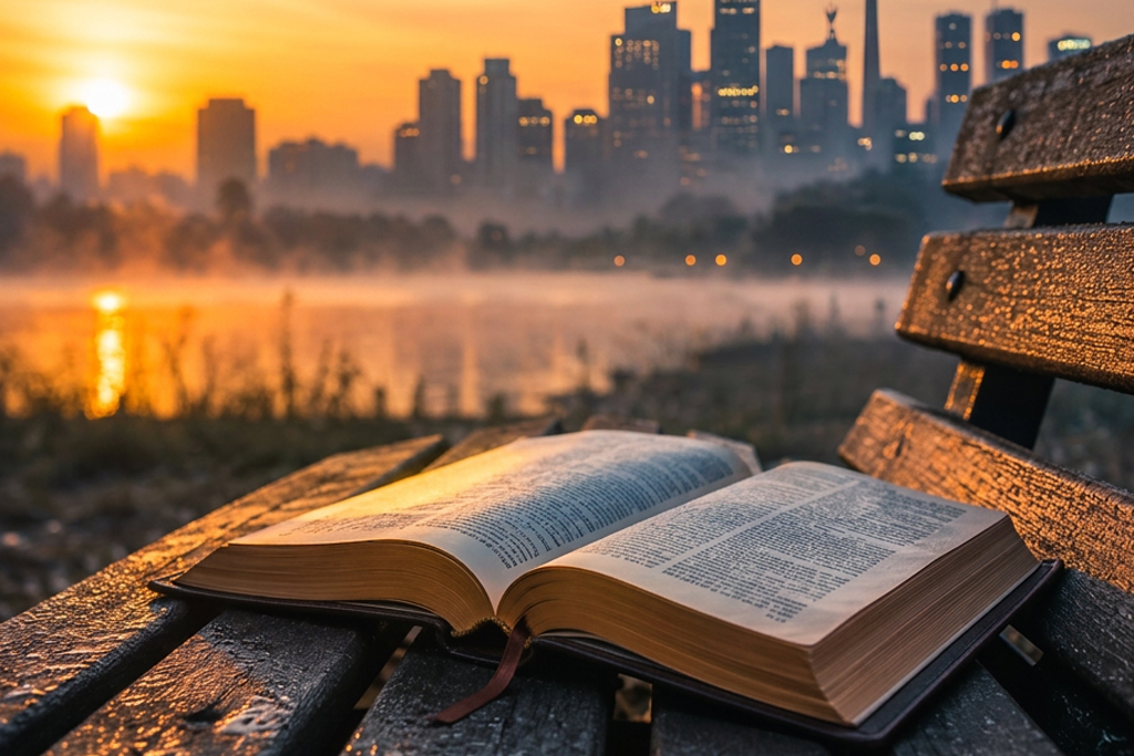 Open Bible against a city backdrop