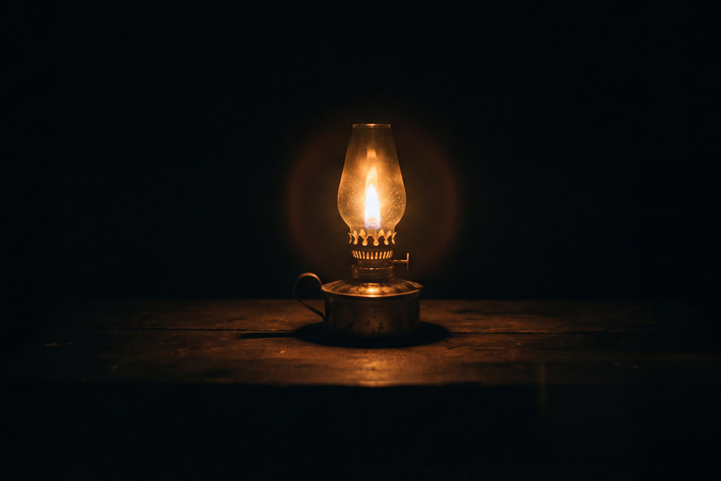 Photo of a lit oil lamp