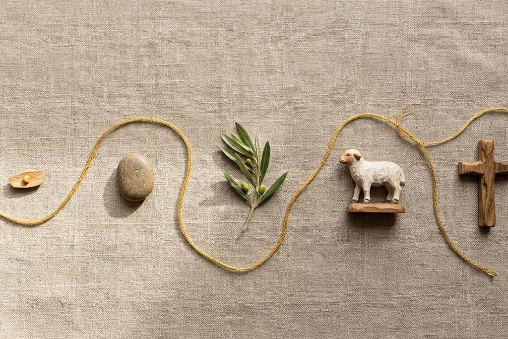 Photo of yarn weaving through objects: rock, olive branch, lamp, cross