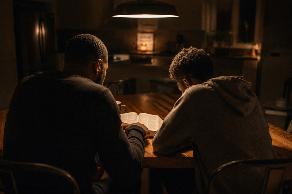 Father and son studying the Bible