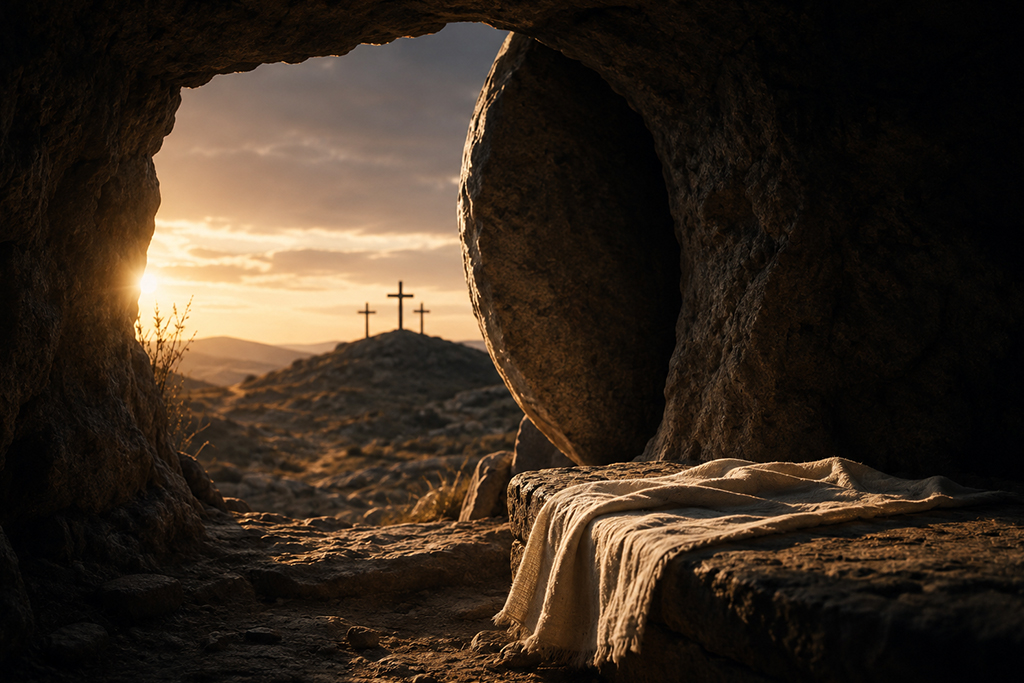 Stone rolling away from Jesus' grave with crosses in the backdrop